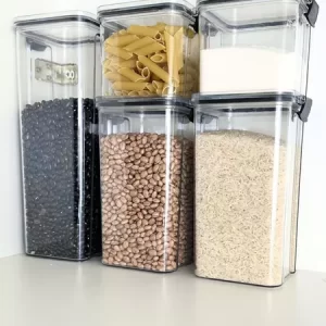 KIt 5 Potes Hermeticos Acrilico Cristal Com Trava Empilháveis Porta Mentimentos Comcpt